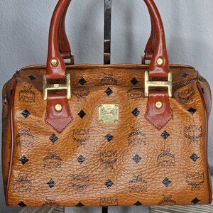 MCM Logo Printed Leather Boston Bag Small